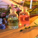 bouteille contenant des huiles essentielles mis sur une planche en bois.