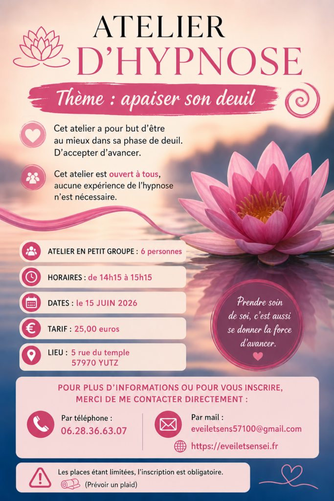 atelier hypnose à thème. celui çi est sur le deuil, se libérer de ses émotions